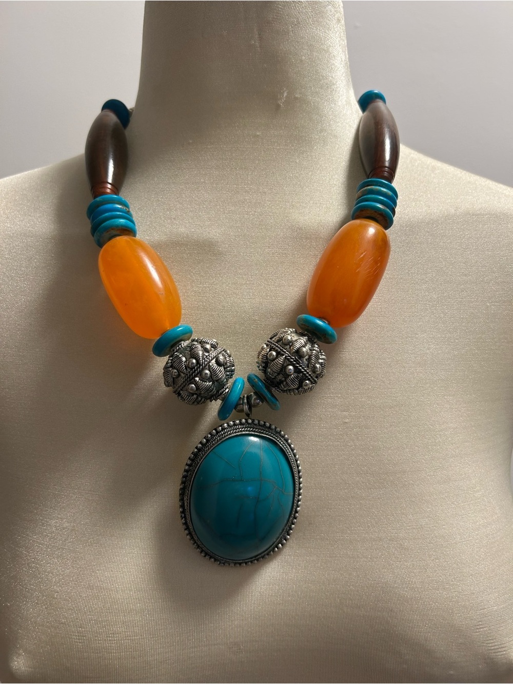 Bold Turquoise & Amber Statement Necklace with Silver Accents no name on it .